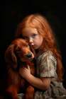 Little girl hugging Irish setter puppy. AI Generated. Art Print